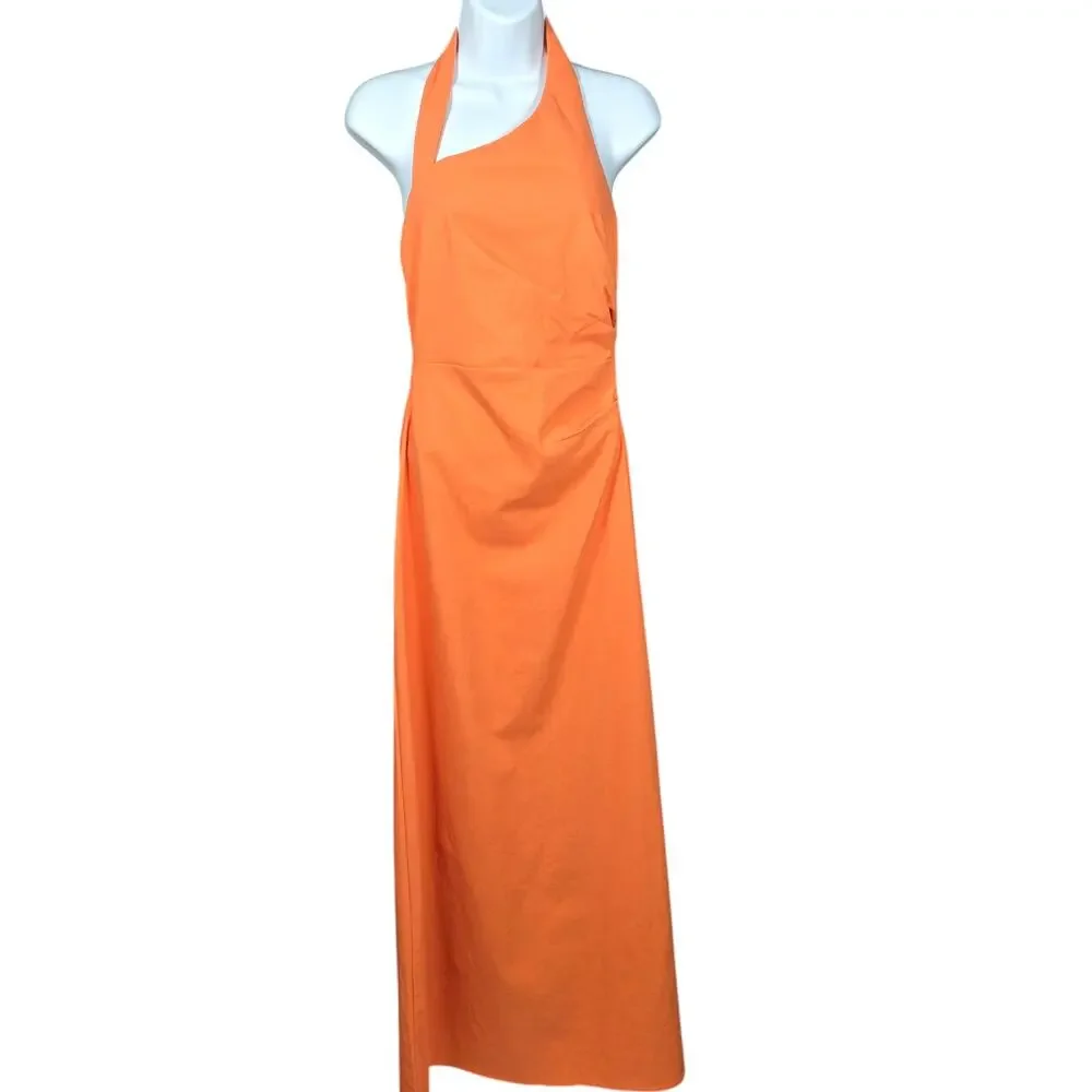Commense Halter Maxi Dress Womens XSmall NEW Orange Linen Pleated Party Cocktail